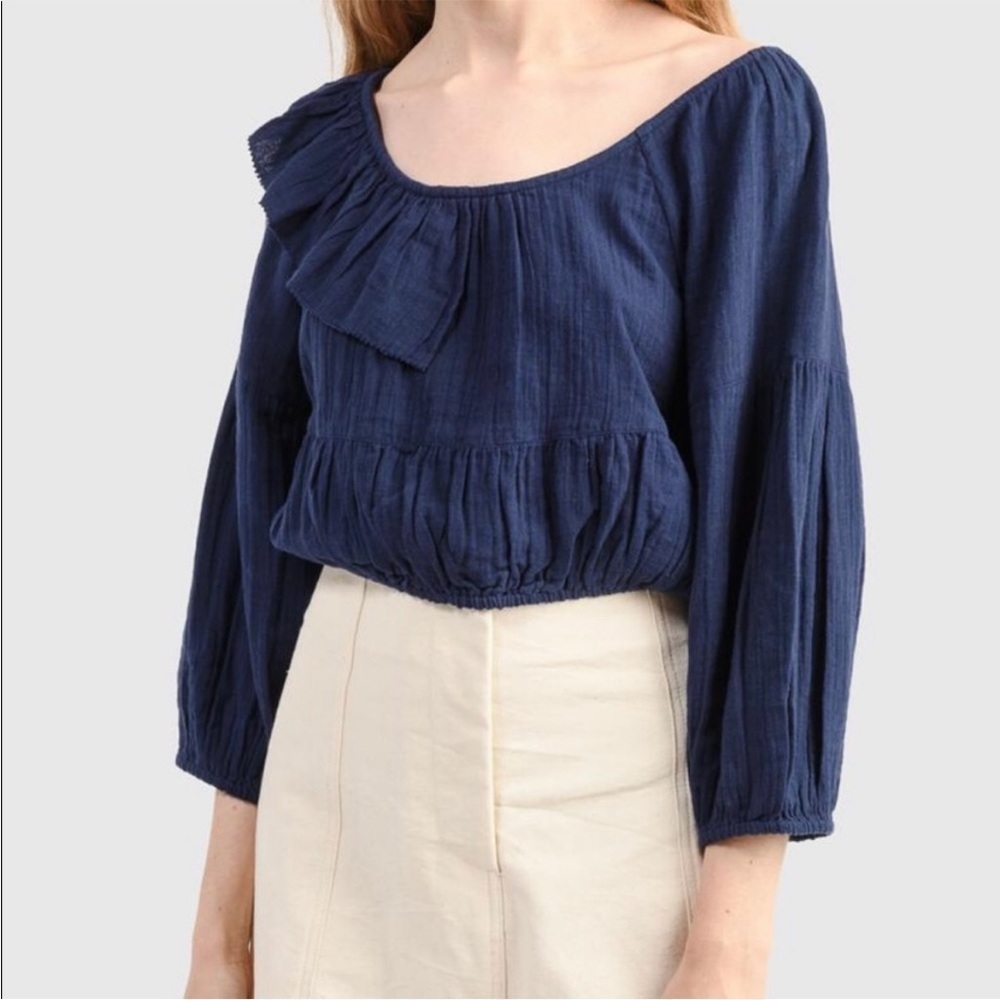 Apiece Apart Cela Ruffled Crop‎ Top Cotton Navy